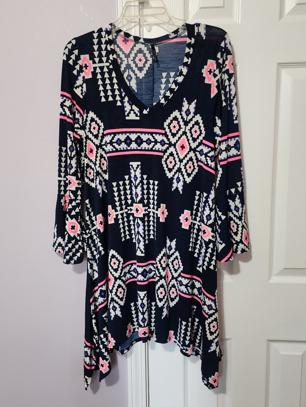 Navy Asymmetrical Dress with Pink & Cream Geometric Print